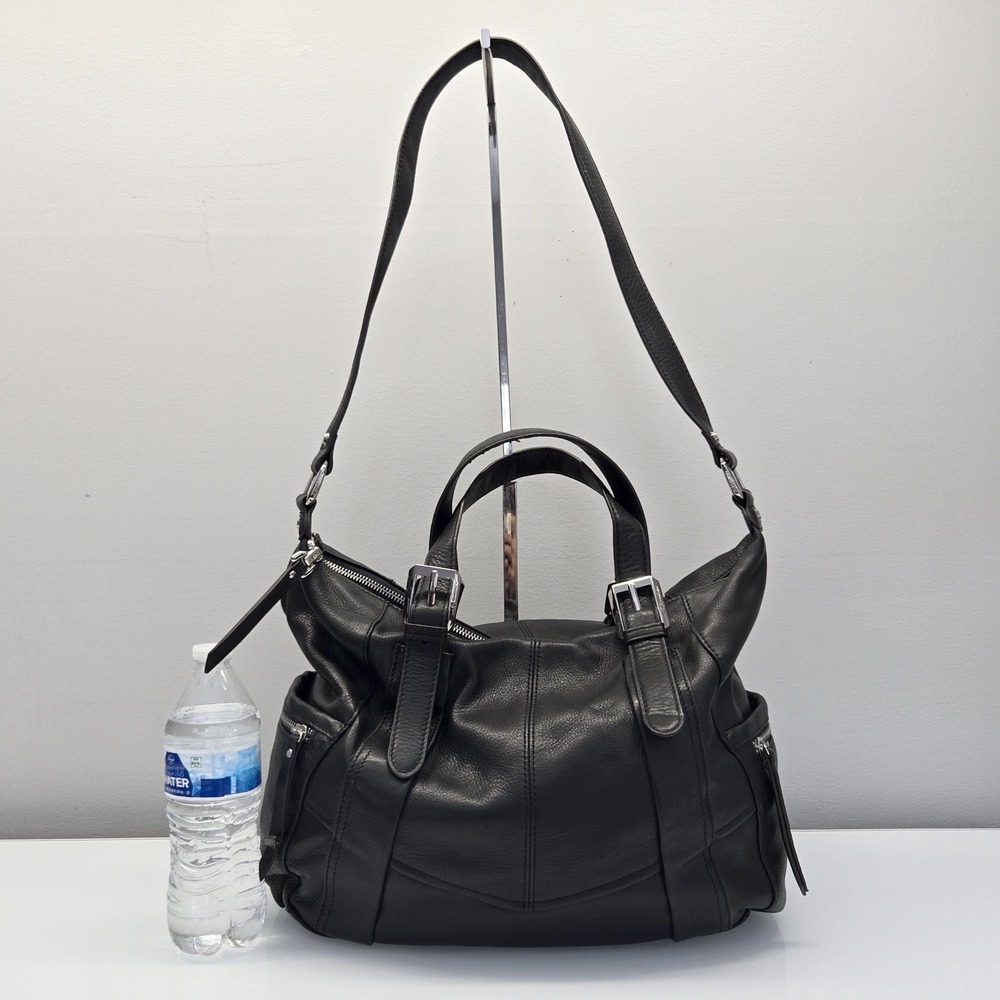 B Makowsky Slouchy Shoulder Bag Large Black Leather Satchel Buckle Y2K Moto Vamp